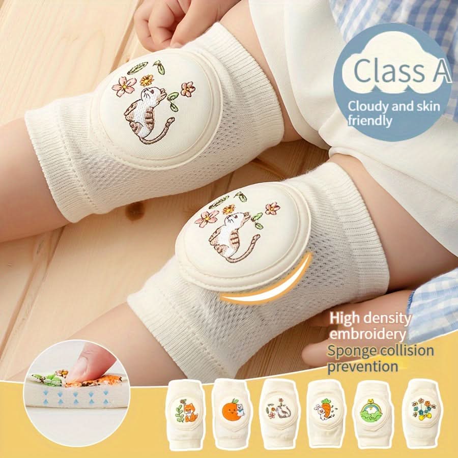 2pcs Baby Knee Pads with Cute Animal Embroidery - Soft, Breathable Anti-Slip