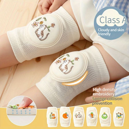 2pcs Baby Knee Pads with Cute Animal Embroidery - Soft, Breathable Anti-Slip