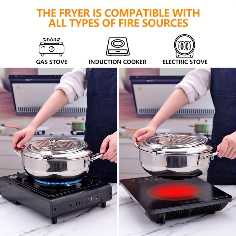 2.2L Stainless Steel Deep Fryer with Lid – Non-Electric, High-Temperature Resistant