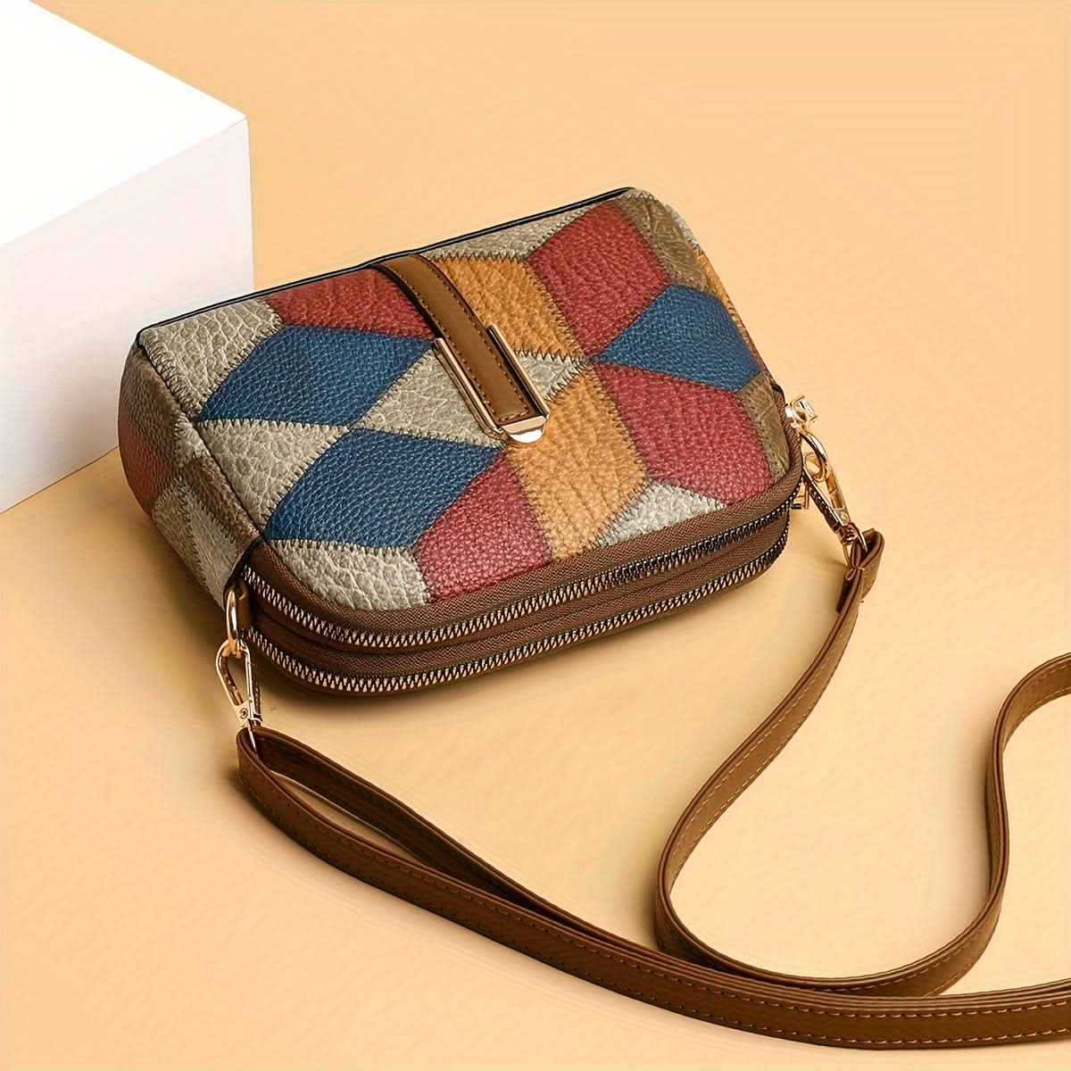 Mini Colorblock Crossbody Bag – Retro Rhombus Print