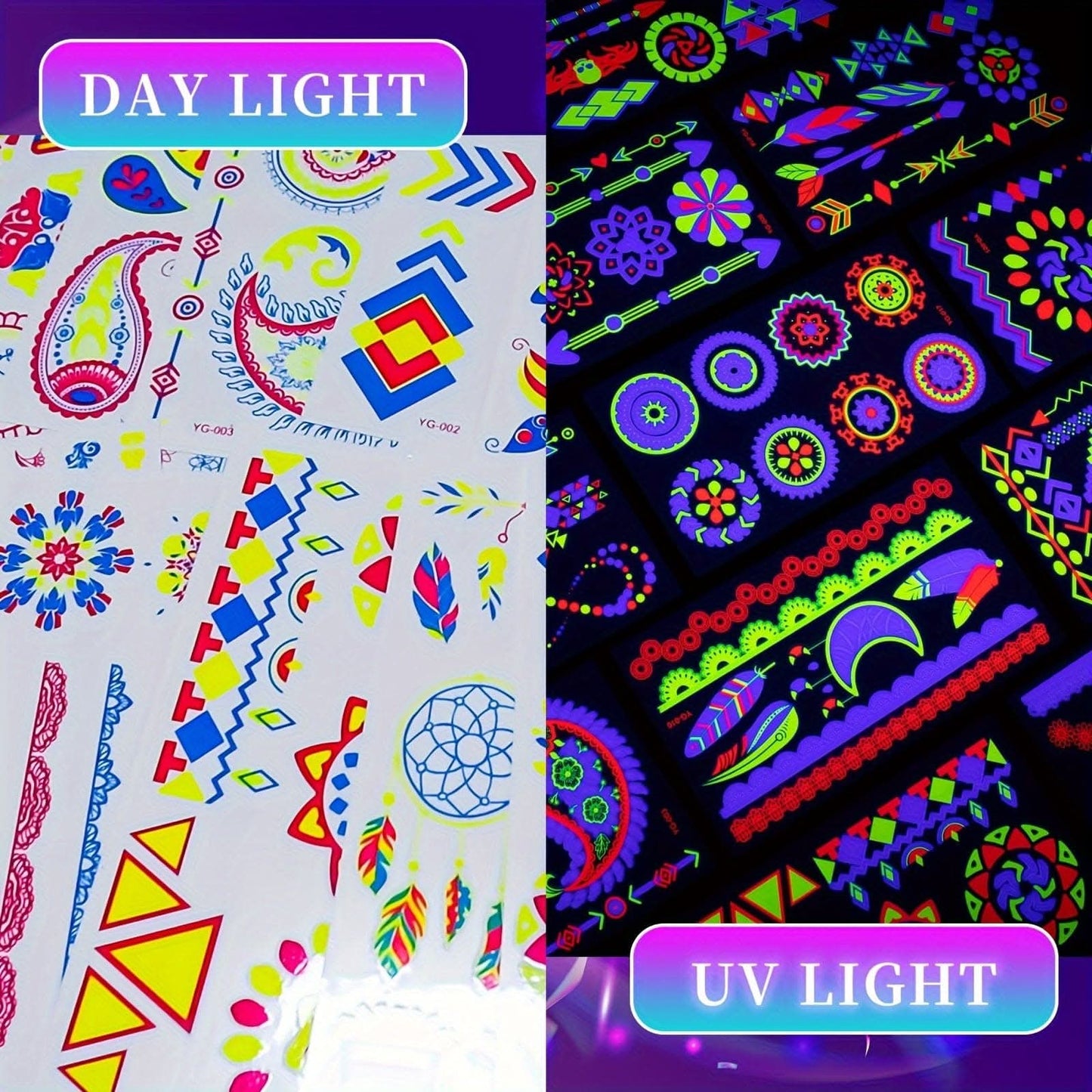 20 Sheets Fluorescent Temporary Tattoo Stickers – Neon Light, Waterproof Accessories