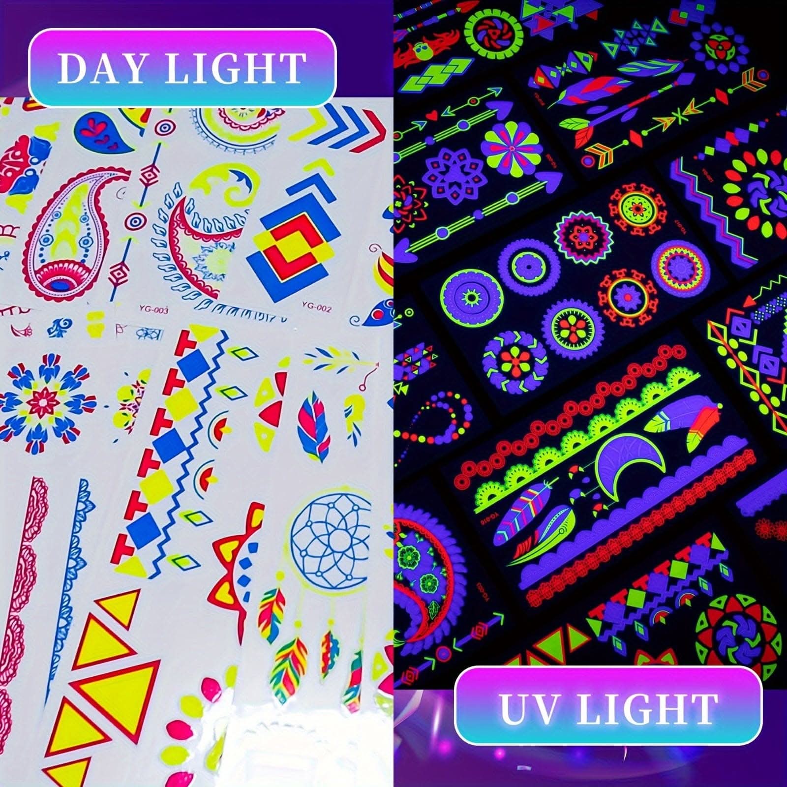 20 Sheets Fluorescent Temporary Tattoo Stickers – Neon Light, Waterproof Accessories