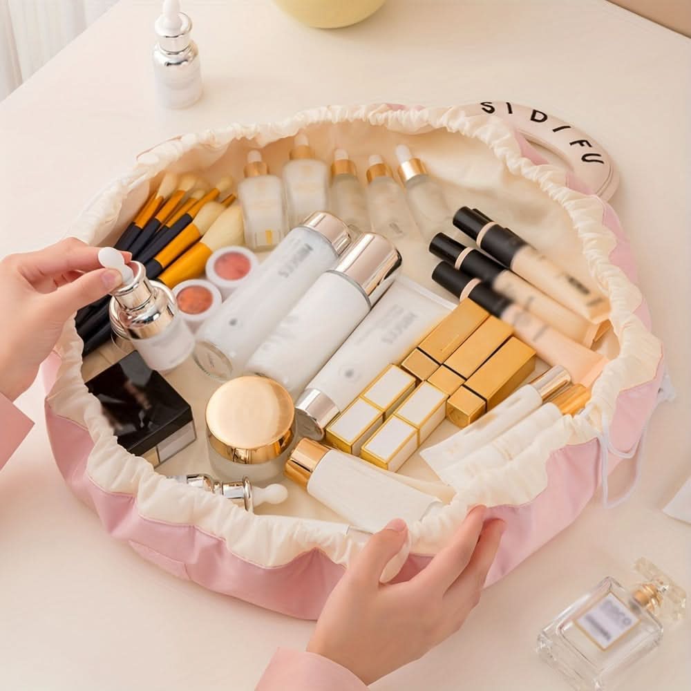 Drawstring Makeup Organizer - PU Leather Chic Cosmetic Pouch with Handle