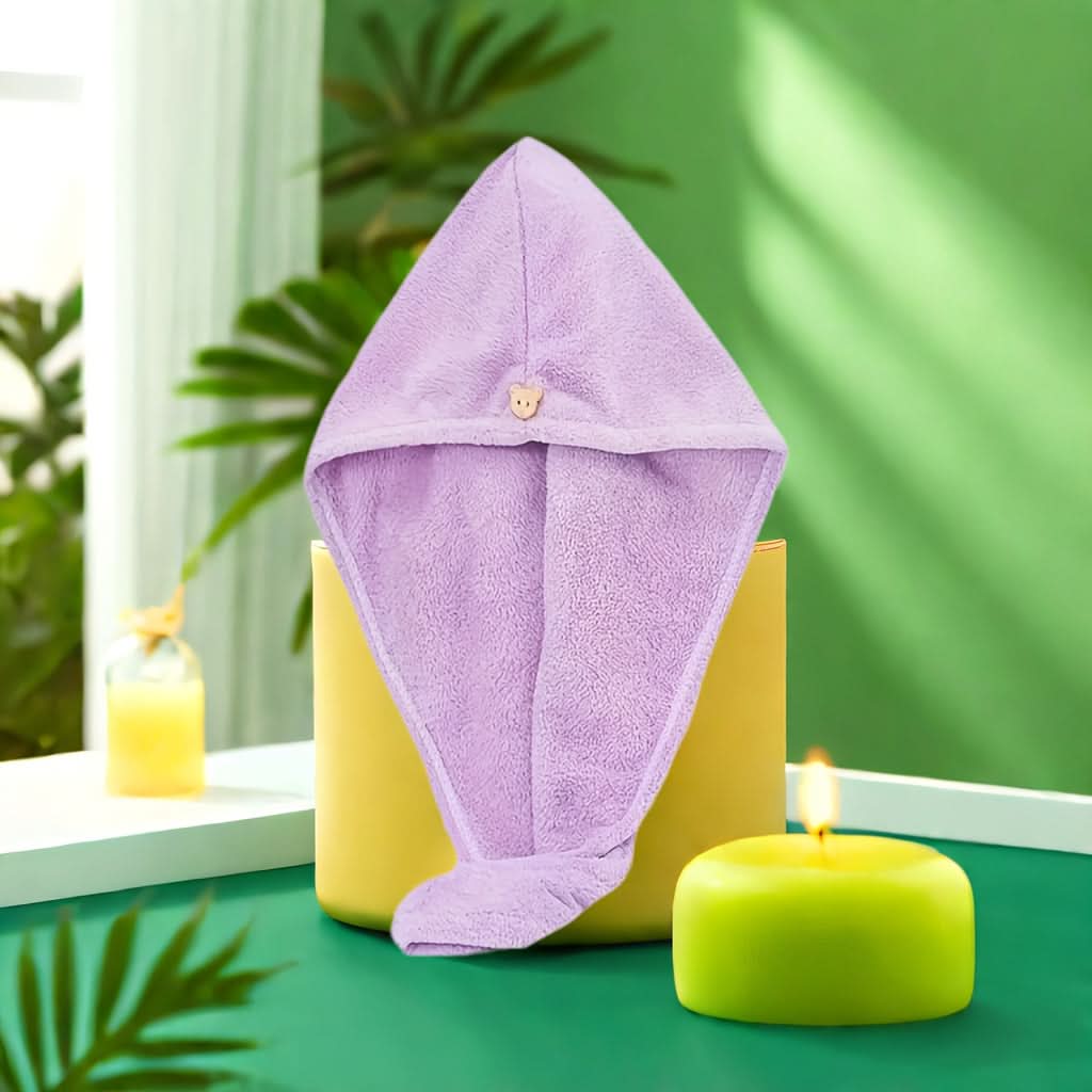 Ultra-Soft Coral Fleece Hair Drying Towel – Quick-Dry, Odor-Free, Cute Bear Button
