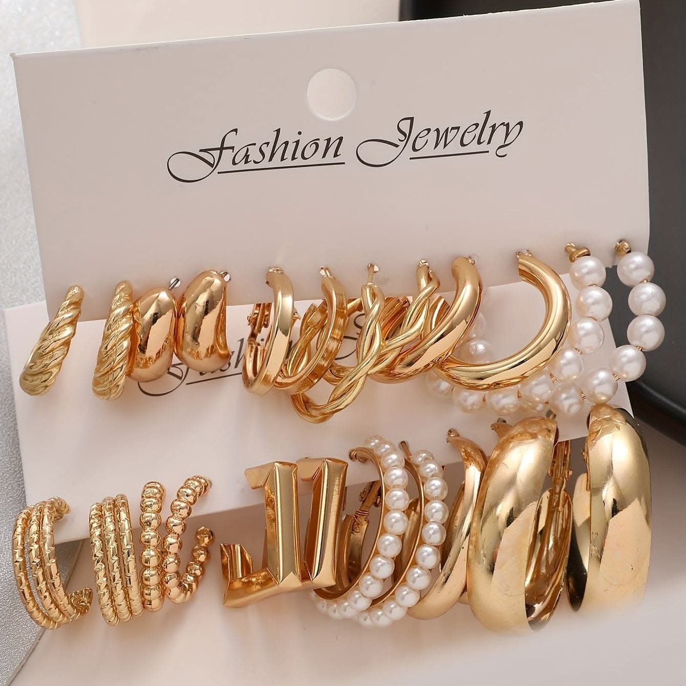 12 Pairs of Golden Geometric C-Shaped Ball Imitation Pearl Hoop Earrings Set