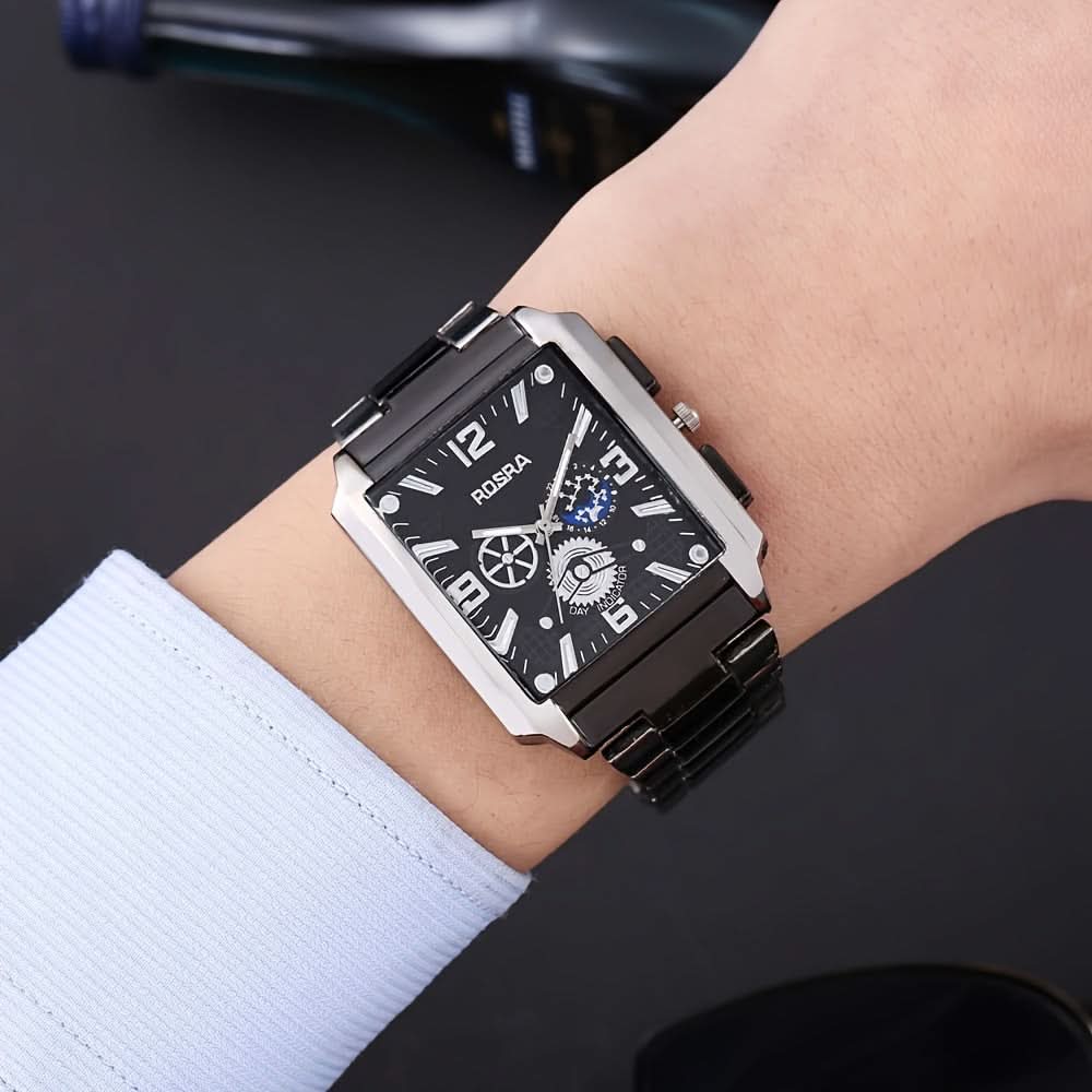 Men's Stainless Steel Quartz Watch - Fashionable Black Rectangular Dial