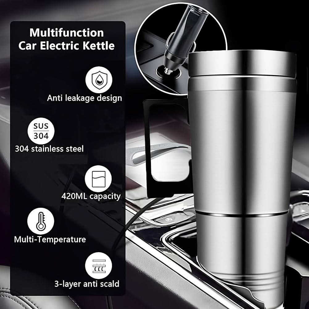 Stainless Steel Car Kettle – 12V Electric Heating Travel Mug for Coffee & Tea