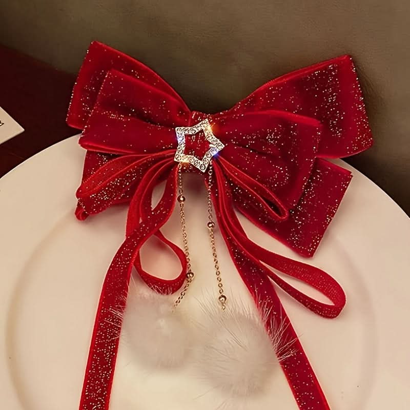 Christmas Plush Bow Hair Clip with Star Charm