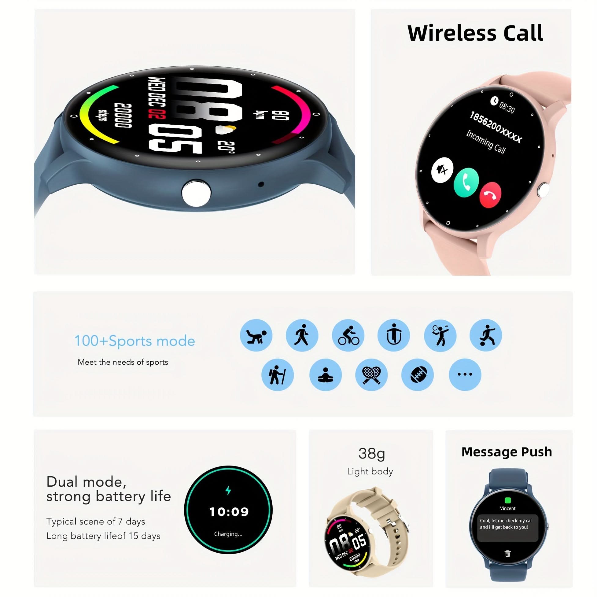 1.52"HD Round Screen Sport Smart Watch for Men and Women (Black)