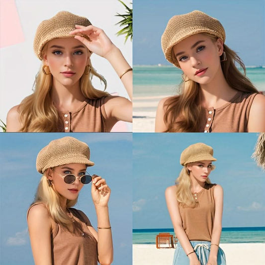 Women’s Summer Mesh Beret Cap – Lightweight Knit Octagonal Hat with Sunshade