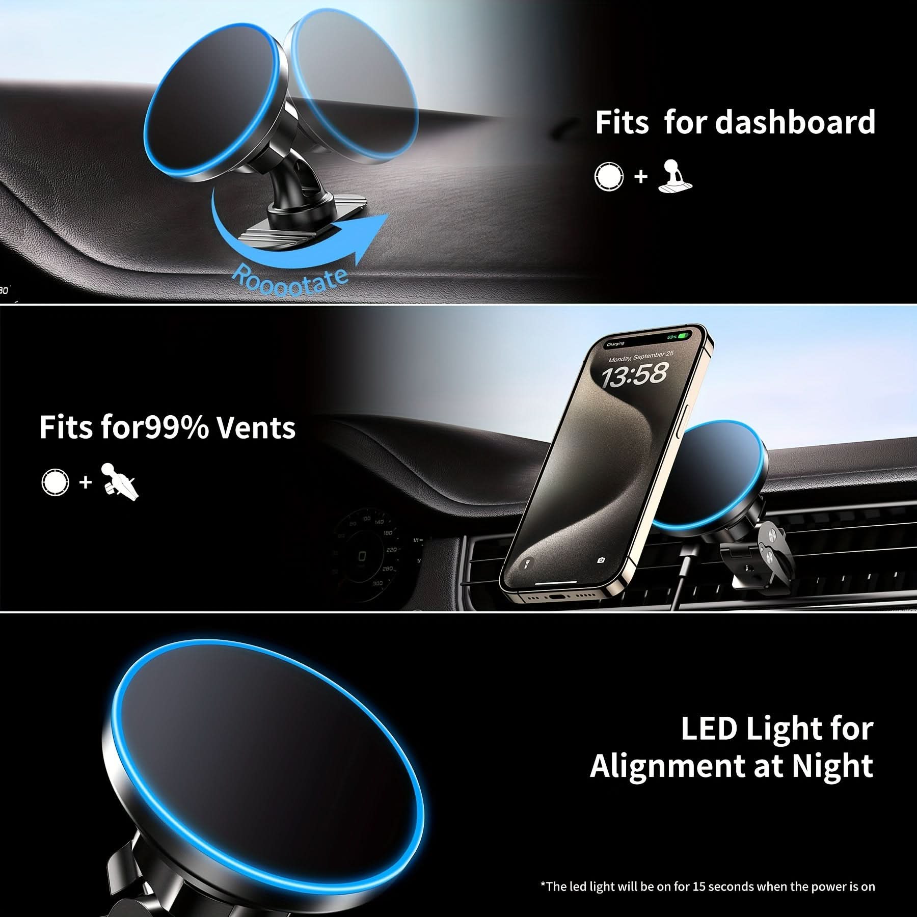 15W Magnetic Wireless Car Charger - Universal Car Mount