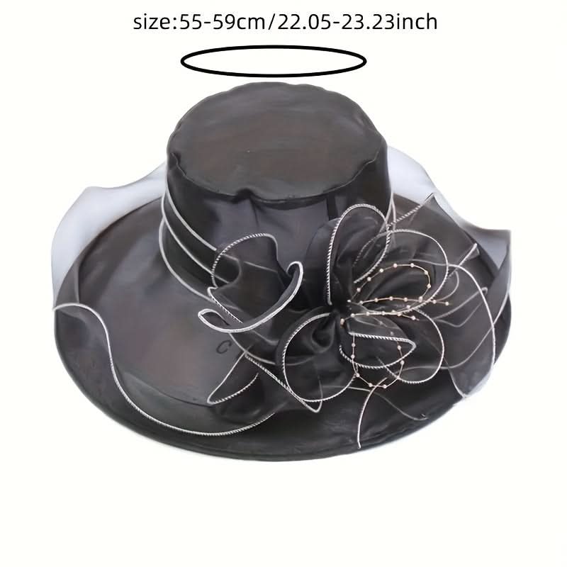 Black Organza Sun Hat for Women – Vintage Floral Design, Lightweight & Foldable