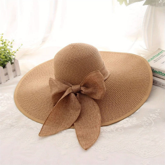Women’s Wide Brim Straw Sun Hat with Bow – Lightweight Summer Beach Hat