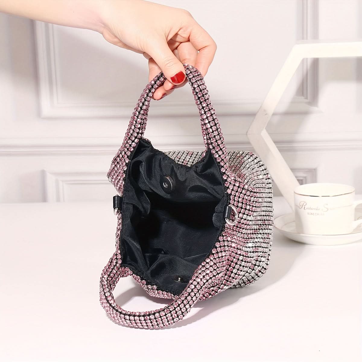 Shiny Rhinestone Bucket Bag with Chain Strap