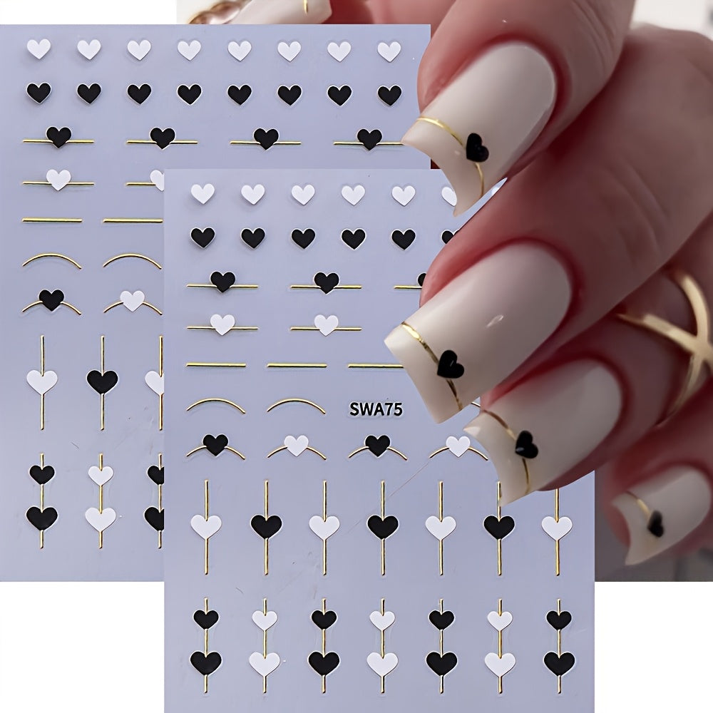 5-Piece Gold Line & Heart Nail Art Stickers – Black & White Valentine's DIY Set