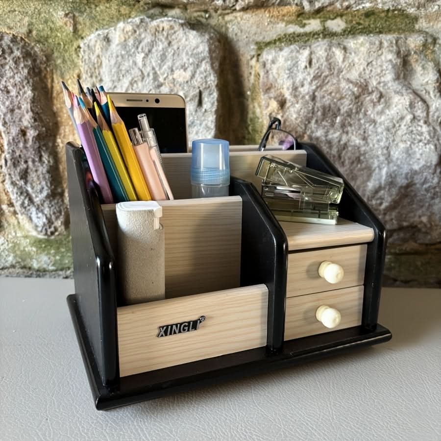 Wooden Desk Organizer with Drawers, Multifunctional