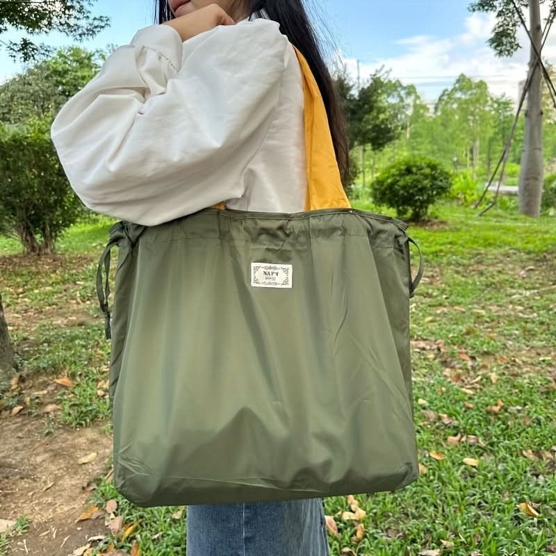 Monochrome Drawstring Shoulder Bag - Stylish & Foldable