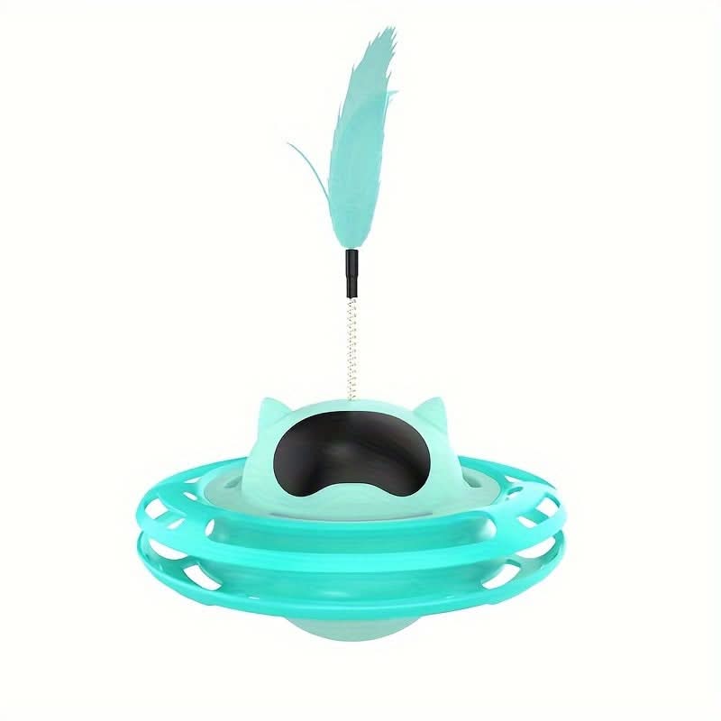 Interactive UFO Cat Toy with Feather Teaser– Non-Tipping Self-Play Pet Toy