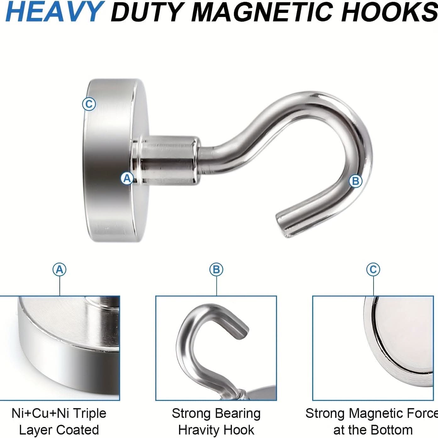 3/6/12pcs Heavy-Duty Neodymium Magnet Hooks - Strong 25lbs Capacity