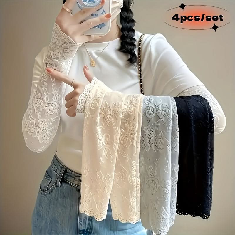 4 Pairs Women's Lace Sunscreen Arm Sleeves – Elegant Jacquard Summer Covers