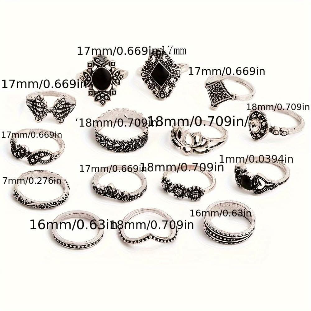 15-Piece Boho Chic Lotus Knuckle Ring Set