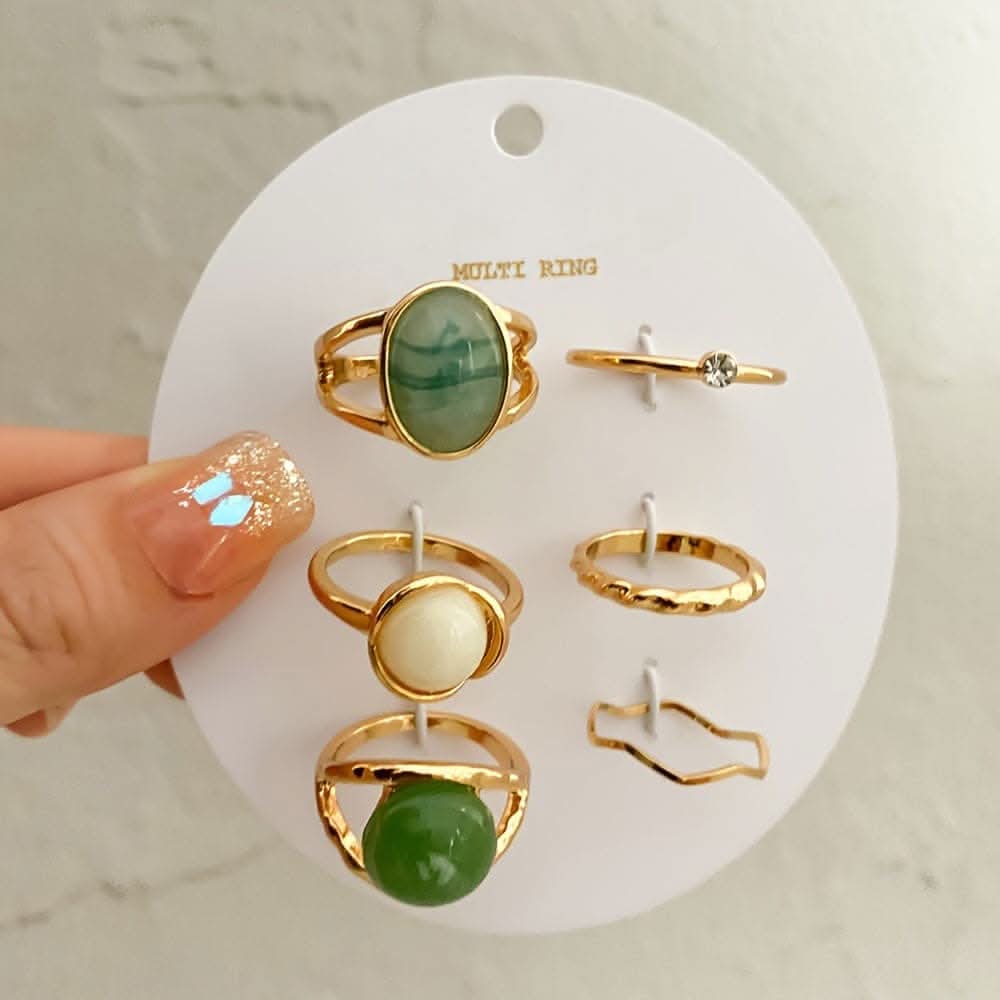 Golden-Tone Ring Set with Green Gemstones – 6-Piece