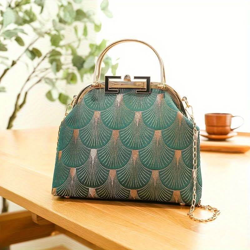 Vintage Embroidered Frame Clutch, Pearl Chain Strap