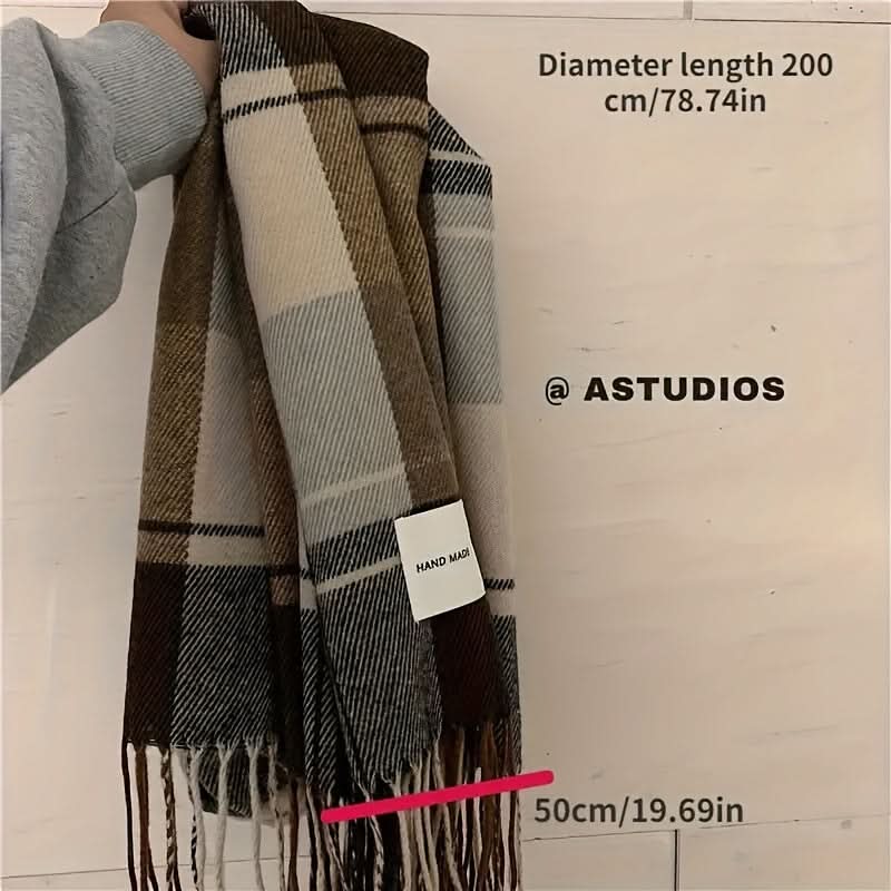 Men's Handmade Plaid Scarf with Tassels – Warm, Knitted Polyester for Fall/Winter