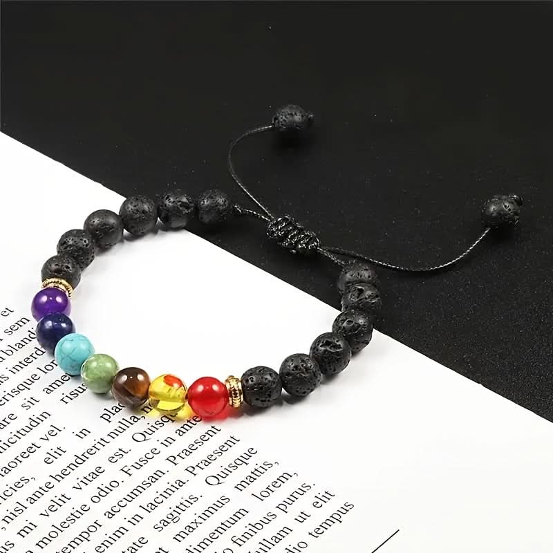 7 Chakra Lava Stone Healing Bracelets, Adjustable Pair