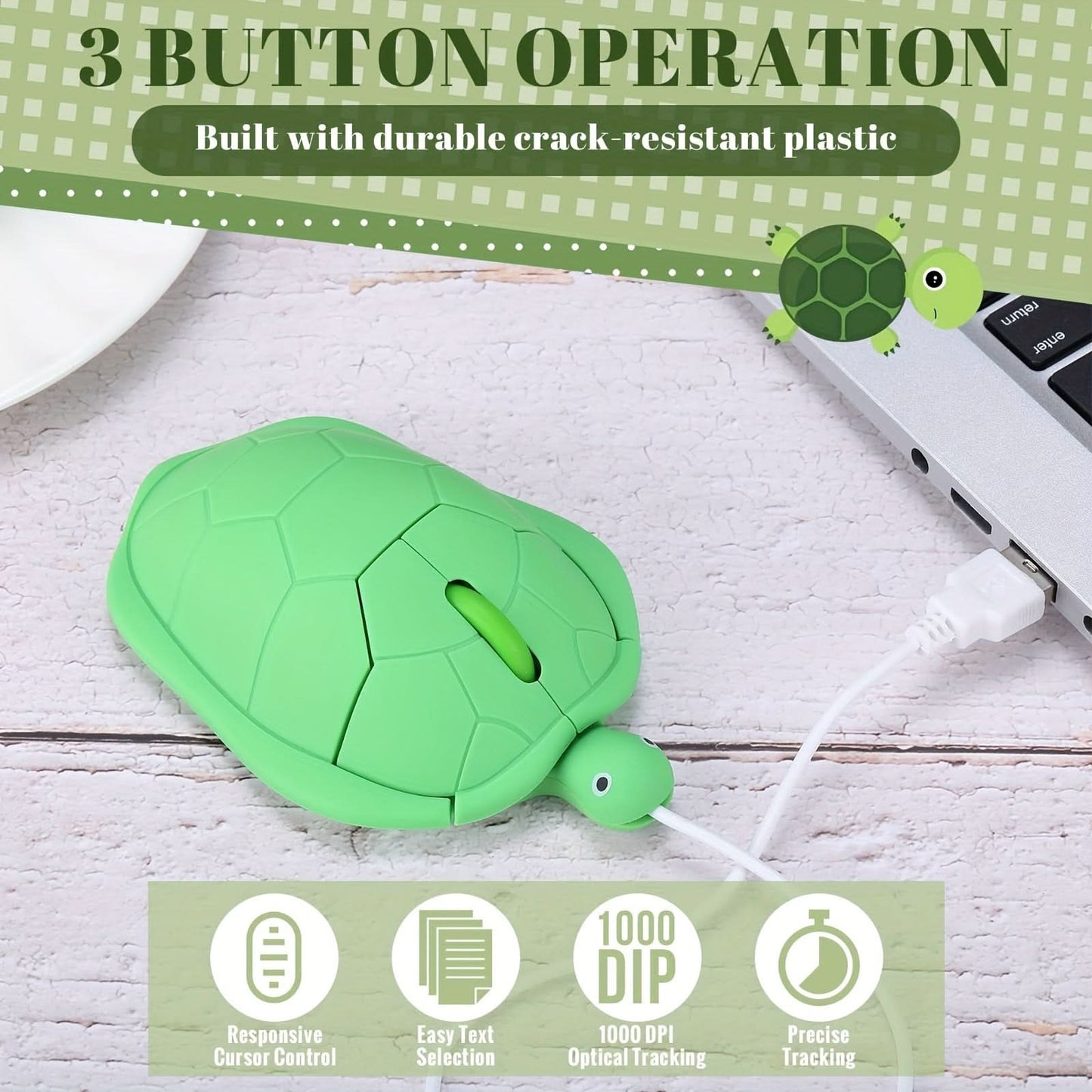 Cute Turtle-Shaped USB Wired Mouse - Green