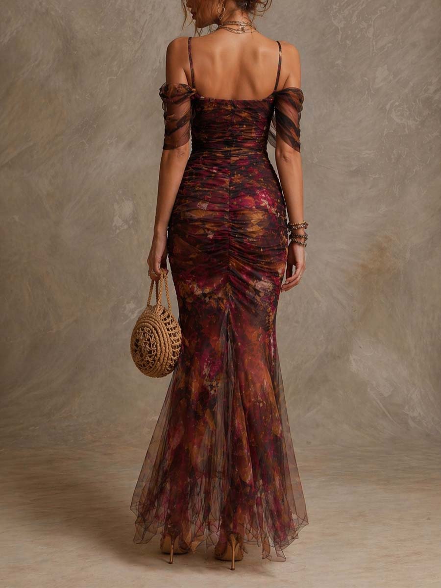 Vintage Floral Print Off-the-Shoulder Ruched Mesh Mermaid Maxi Dress