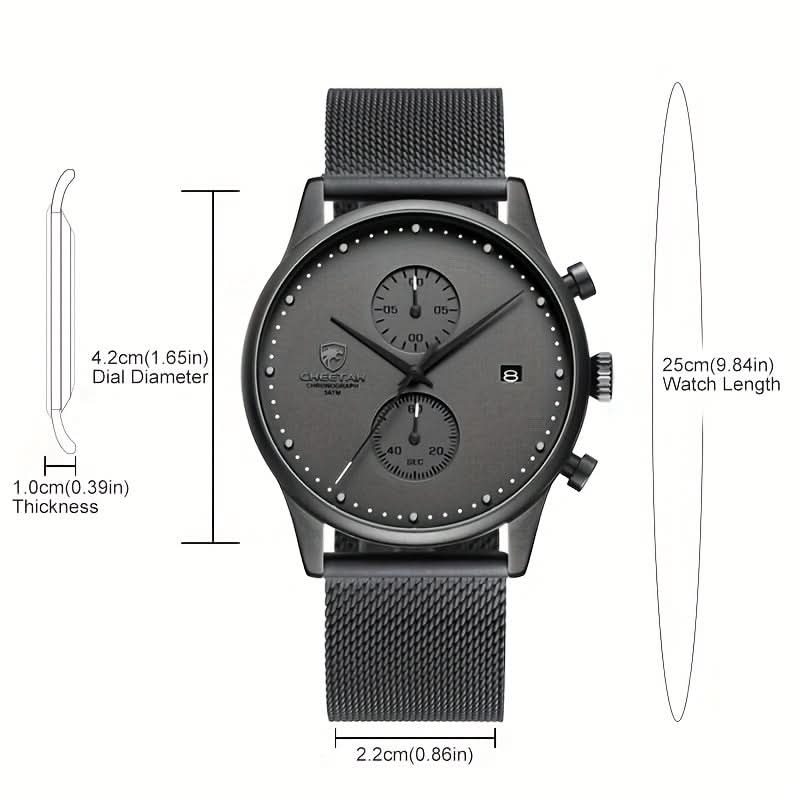 Men's Chronograph Stainless Steel Mesh Watch – Quartz Movement, Stopwatch