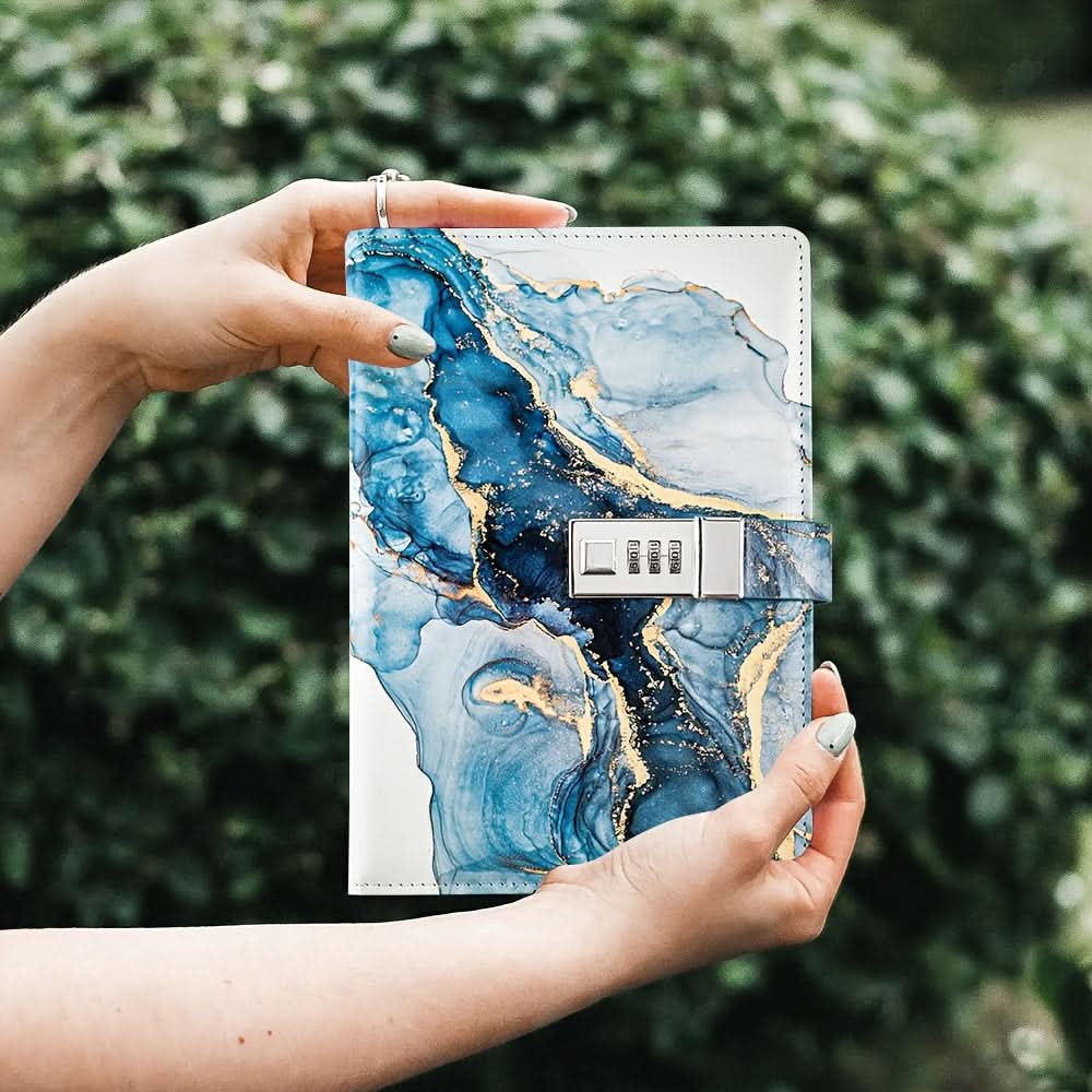 A6 Lockable Diary Notebook with Combination Lock – Blue Marble Wooden Cover