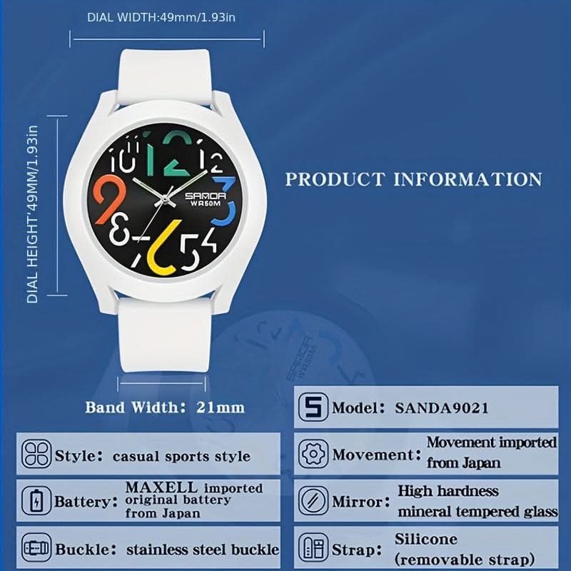 Men's Sports Quartz Watch – Colorful Removable Rubber Strap, Large Dial