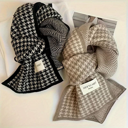 Men's Fashionable Black & White Dog Pattern Scarf – Warm, Soft Polyester Knit