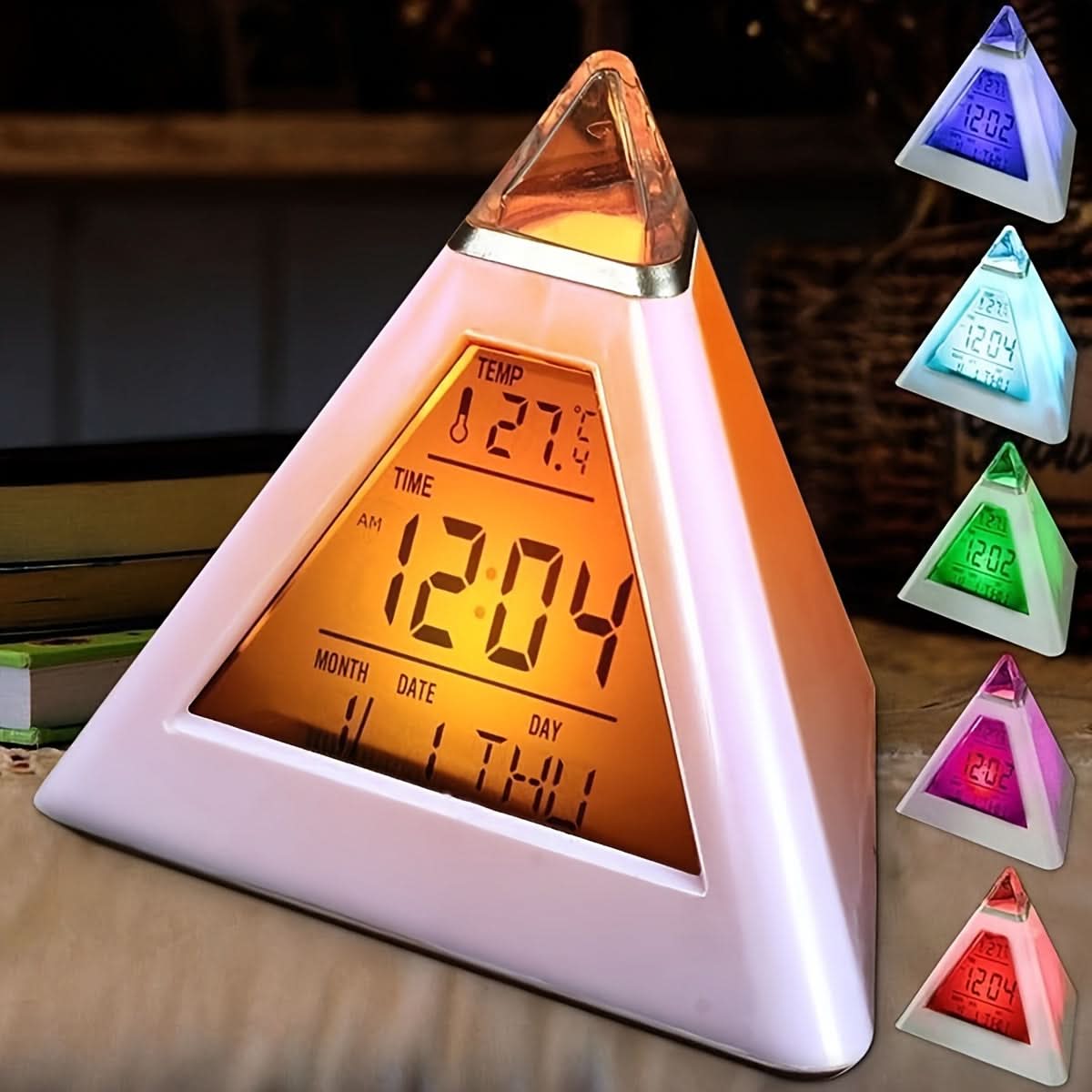 7-Color Changing LED Digital Alarm Clock – Pyramid Night Light