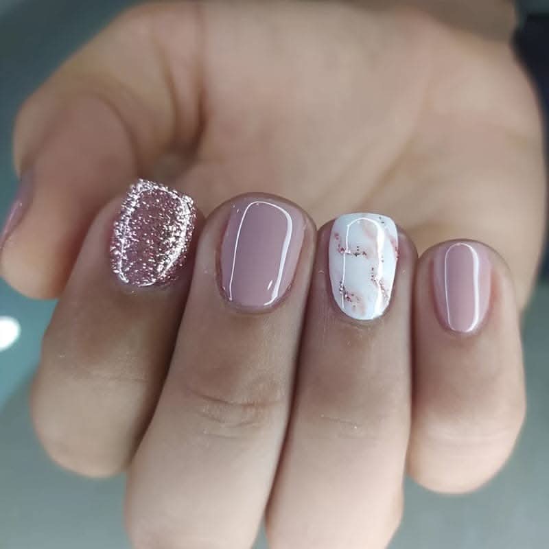 24pcs Short Square Press-On Nails – Gloss Glitter Marble Full Cover