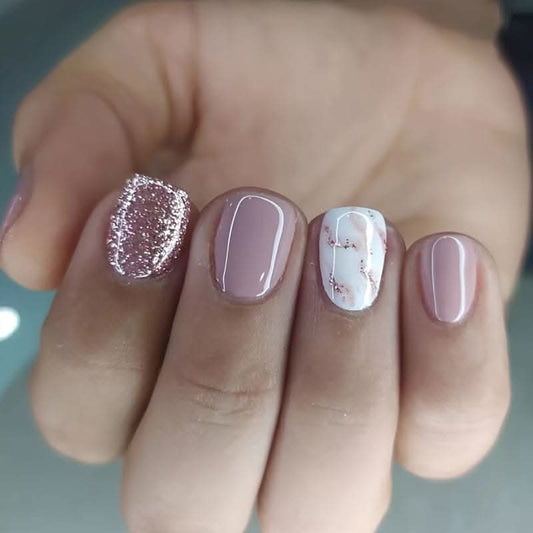 24pcs Short Square Press-On Nails – Gloss Glitter Marble Full Cover