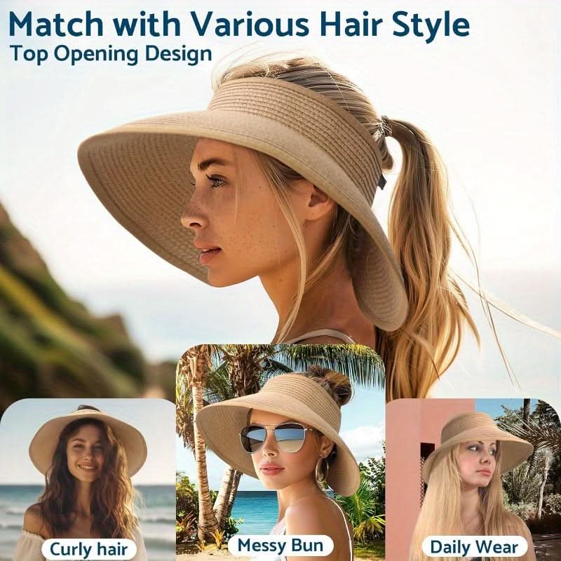Women’s Wide Brim Straw Sun Hat with Ponytail Hole – Foldable