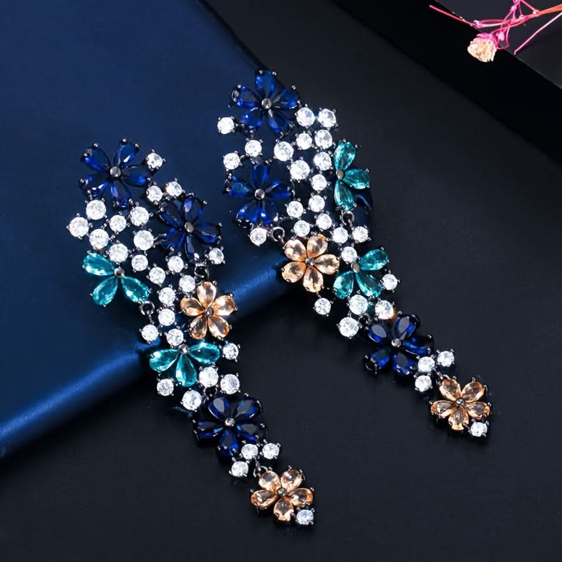 Glamorous Flower Dangle Earrings with Zirconia