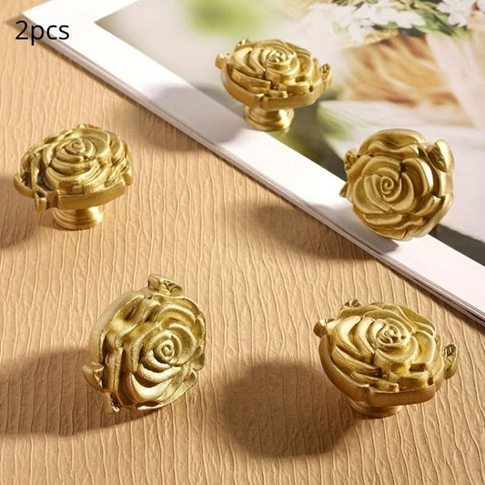 2-Pack Brass Rose Flower Knobs – Brushed Vintage French Style Drawer Pulls
