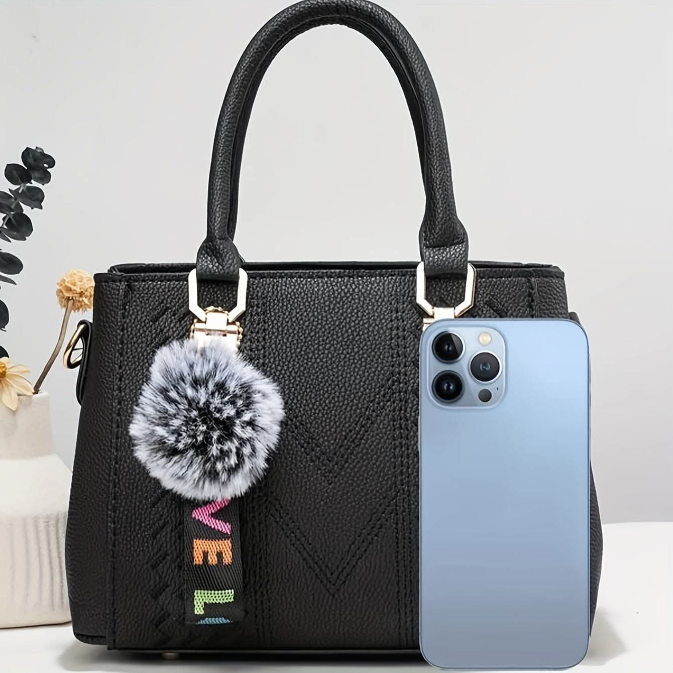 Women's Tote Bag With Pom-Pom Charm