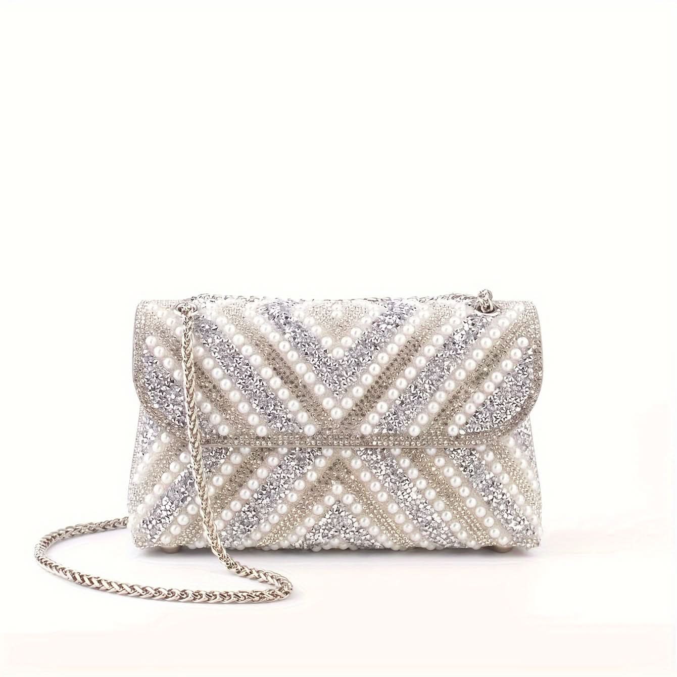 Pink Rhinestone Pearl Clutch – Chain Strap Bag