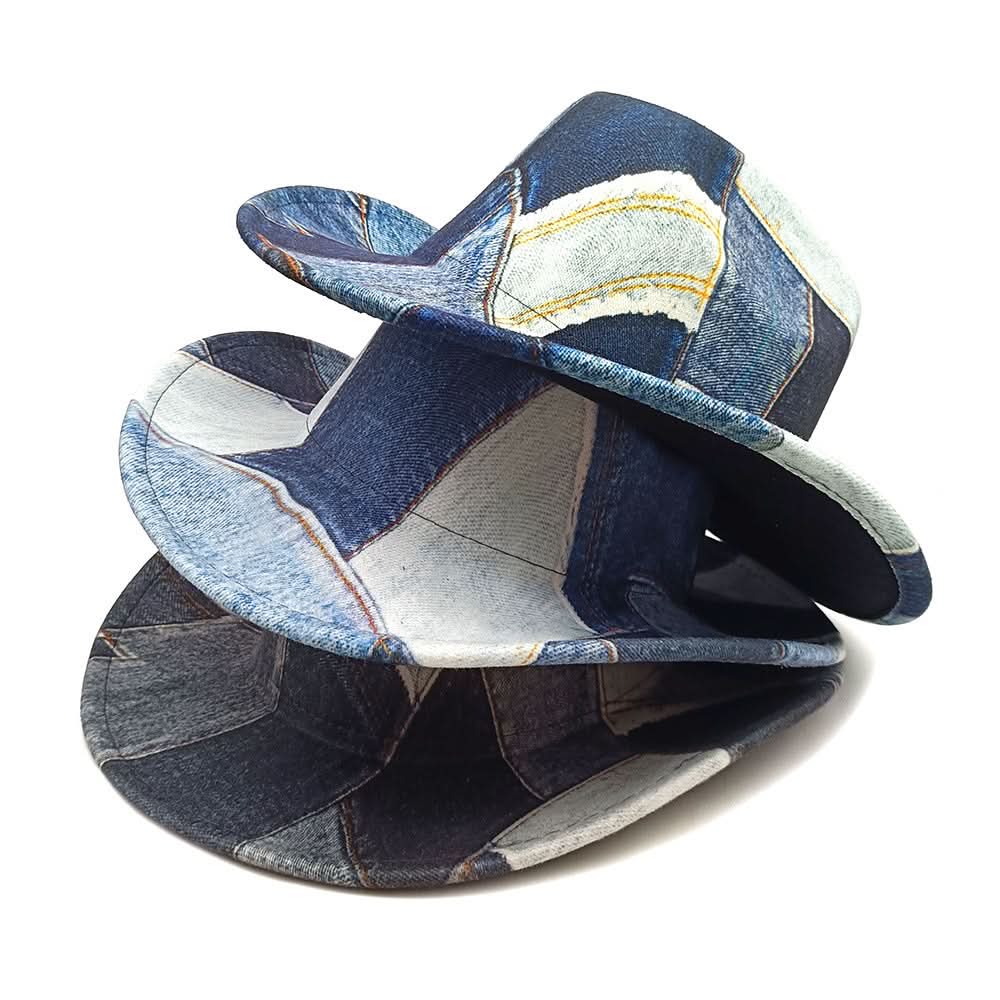 Denim Patchwork Fedora Hat – Unisex Wide Brim Jazz Cap, Lightweight & Washable