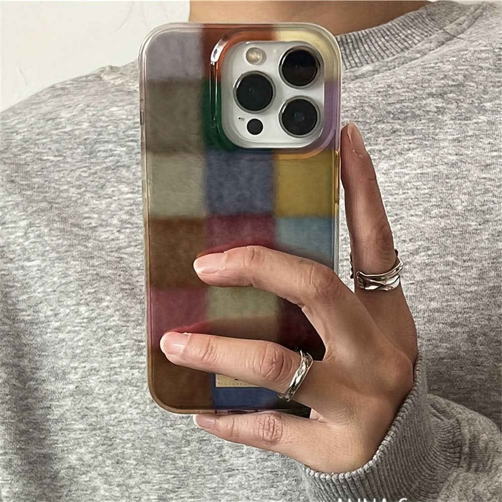 Cute Dopamine Color Block Plaid Clear Phone Case – Soft Silicone Back Cover