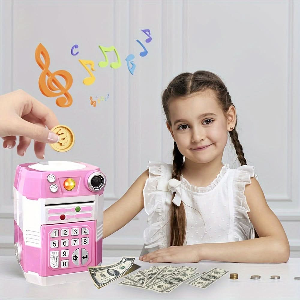 Bright Pink Electronic Piggy Bank ATM – Kids Cash Coin Bank with Adjustable Sound