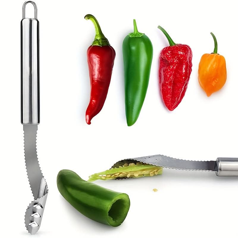 Stainless Steel Pepper Corer & Seed Remover – Dual-Function Serrated Cutter