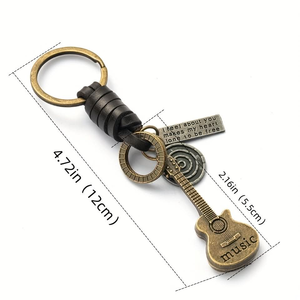 Retro Guitar Leather Keychain - Stylish Braided Cowhide Pendant for Men