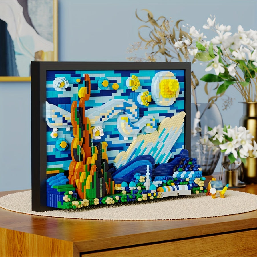 3D Starry Night Building Block Set – DIY Art Puzzle for Adults, ABS Small Bricks