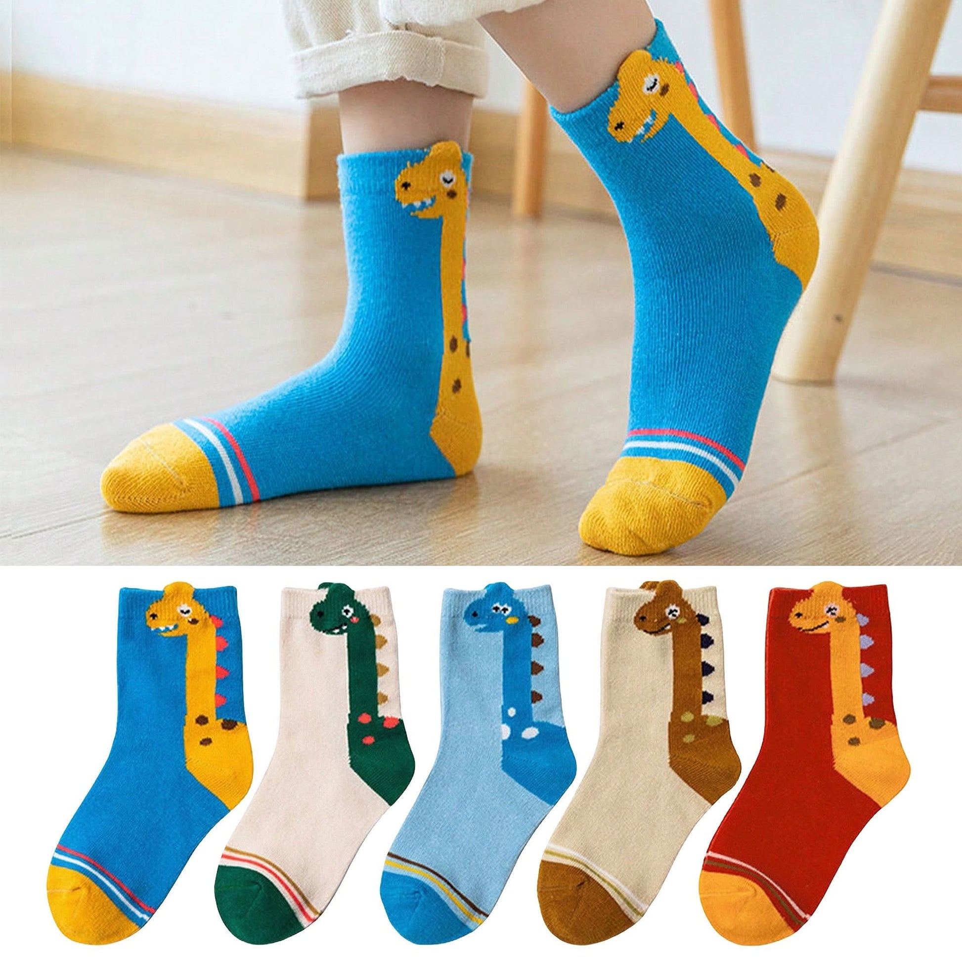 5 Pairs Boys' Cartoon Dino Crew Socks – Comfy